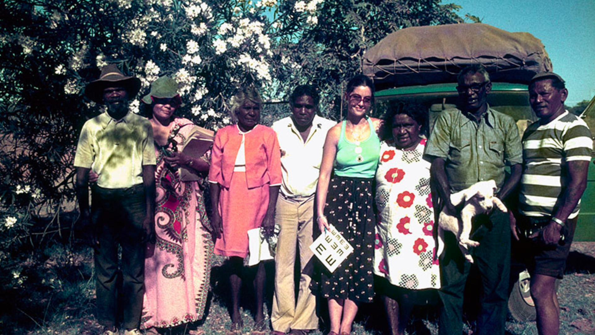 Gabi Hollows during the trachoma program, standing with an indigenous group